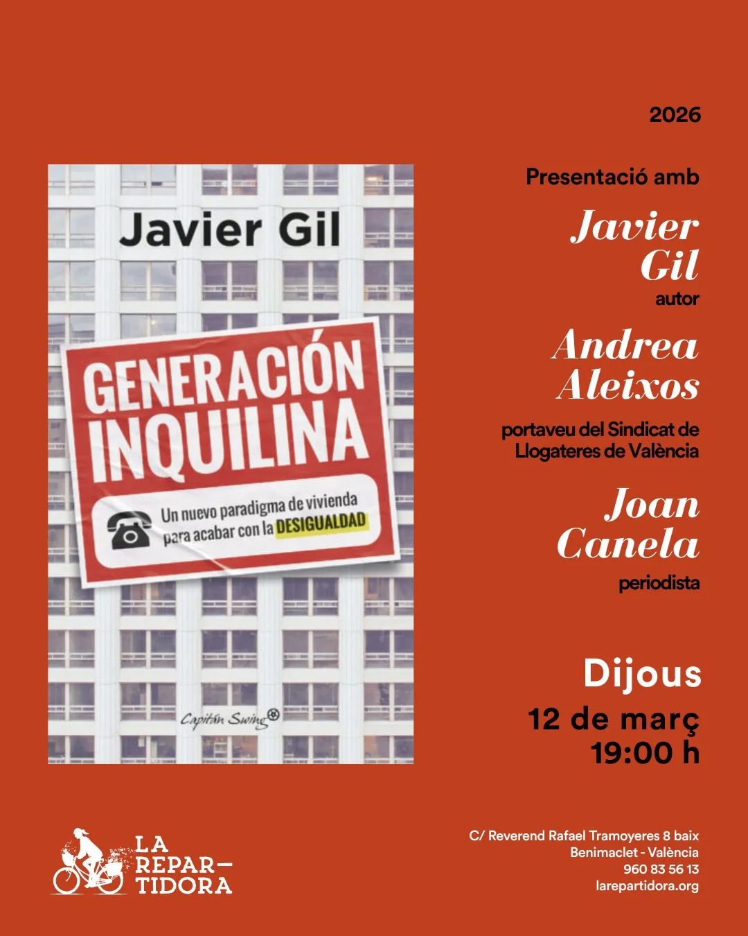 Cartell de l'acte del llibre Generación inquilina amb Javier Gil